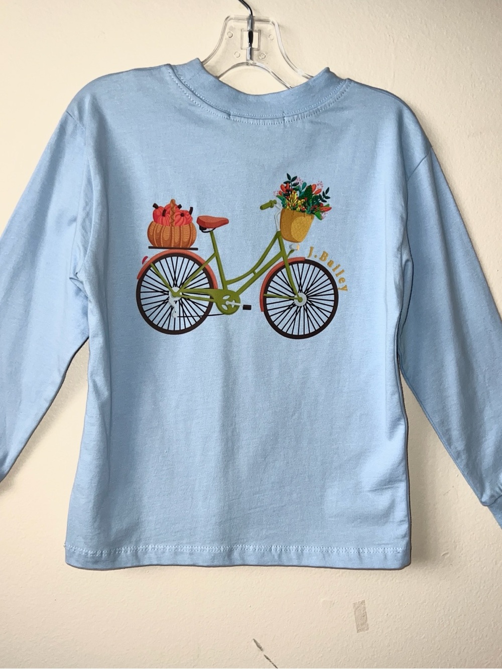 J. Bailey NWT Blue Kids Long-Sleeve Tee with a Bicycle Basket Full Of Pumpkins.